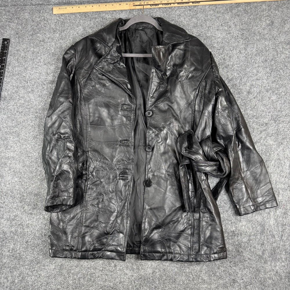 Unbranded Leather Jacket Womens Size L Black Patchwork Belted Trench Coat 24891